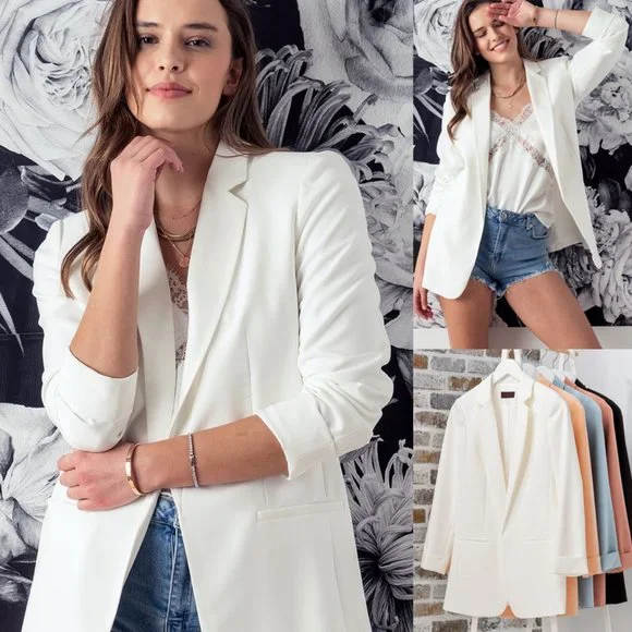 NEW Classic Collar Mid Length Side Pocket Open Front Cardigan Long Blazer Ivory - Picture 2 of 10